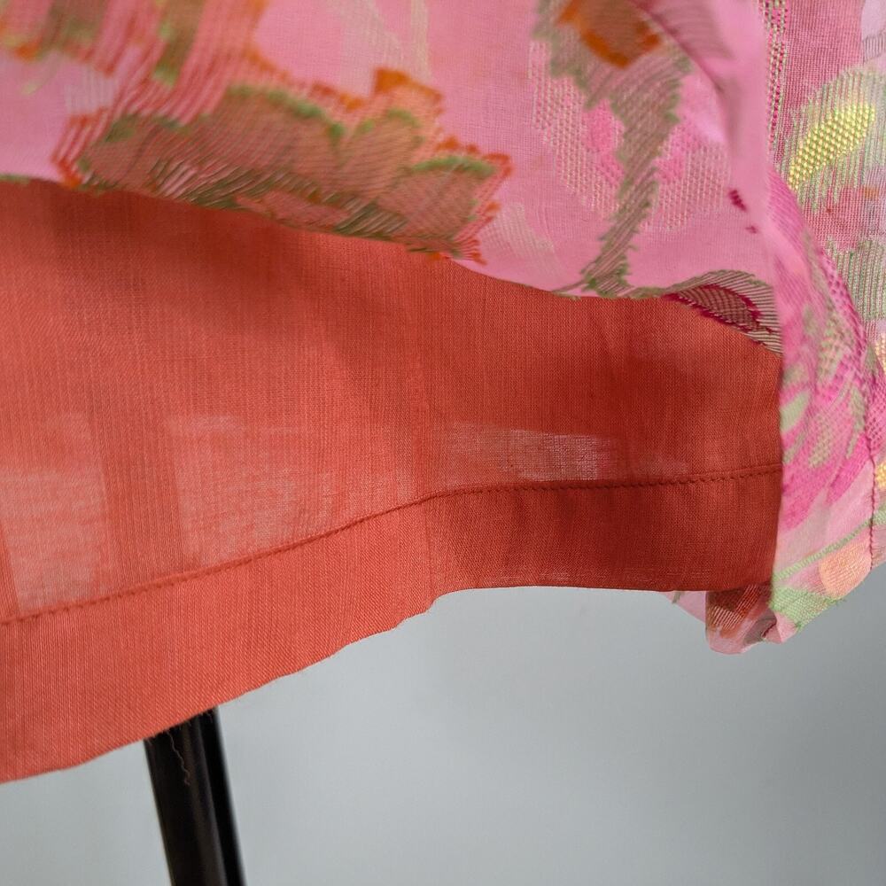 Floral Midi Dress Cotton Silk Handmade Tibet Tie Pink Green Orange Yellow M - Picture 7 of 9